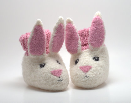 Bunny booties with needle felted faces.