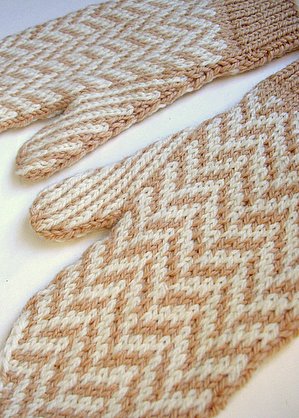 Camel and White Herringbone Mittens.