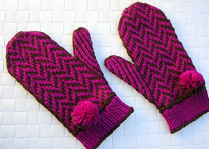 Herringbone Mittens with Poms.