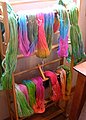 All of my yarn drying on a rack.